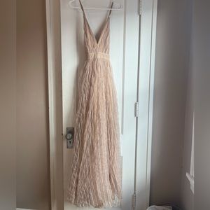 Lilyful sequin / beaded tulle champagne nude bridesmaid dress